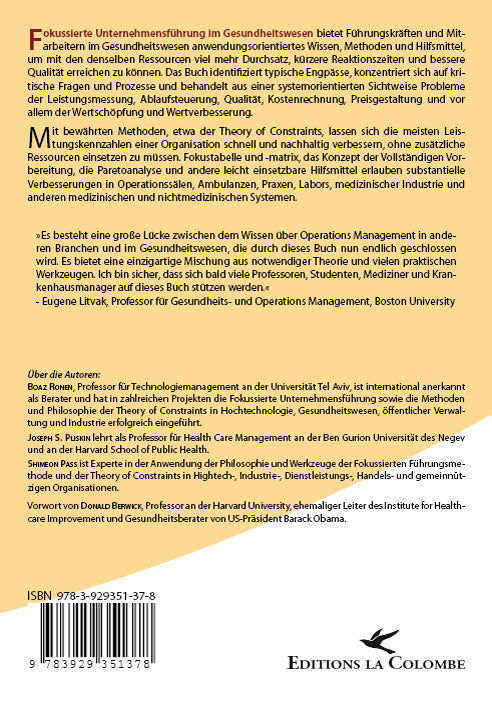 Rückseite des Buches "Fokussierte Unternehmensführung im Gesundheitswesen. Bessere Ergebnisse bei gleichem Ressourceneinsatz" von Boaz Ronen und Joseph S. Pliskin unter Mitarbeit von Shimeon Pass